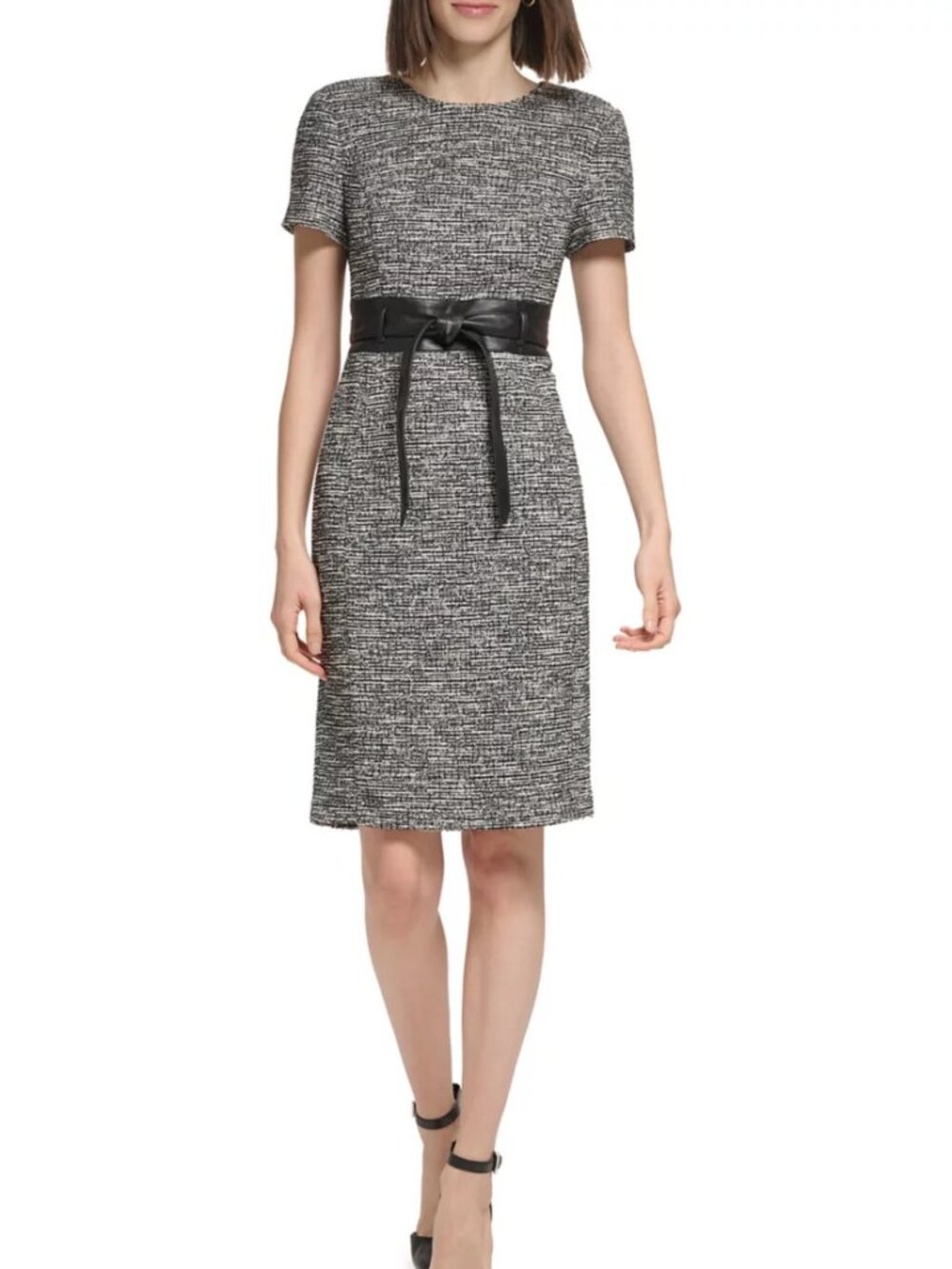 Calvin Klein Women's Tweed Belted Sheath Dress Size 8 NWT Black White CK